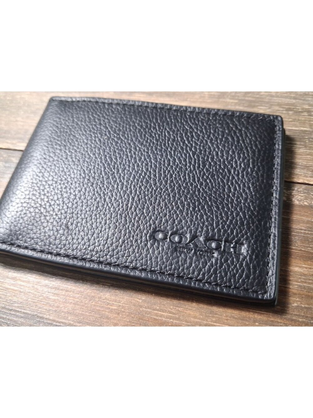 COACH Men's Black Pebbled Genuine Leather Card Case Bifold Slim Wallet